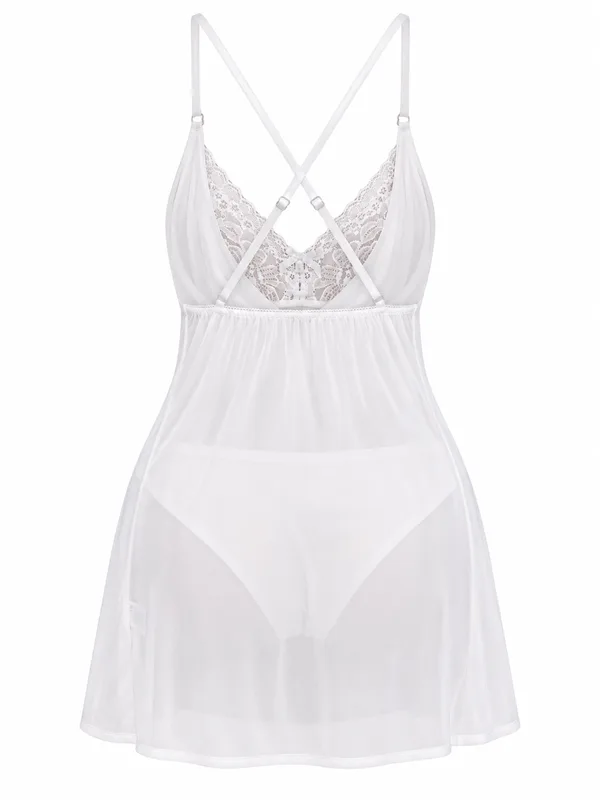 Lace-Trim Sheer Mesh Babydoll, White, studio, back