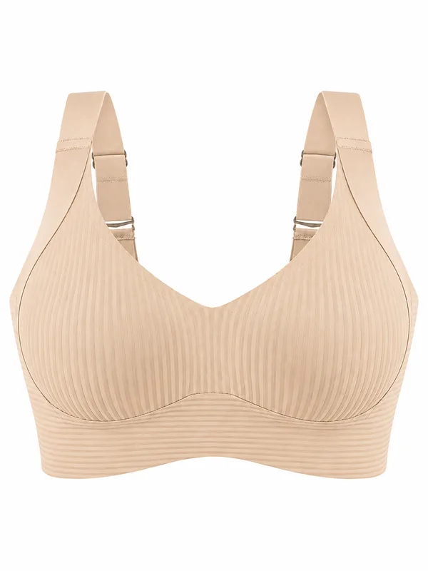 Ribbed V-Neck Wireless Bra, Nude, studio, front