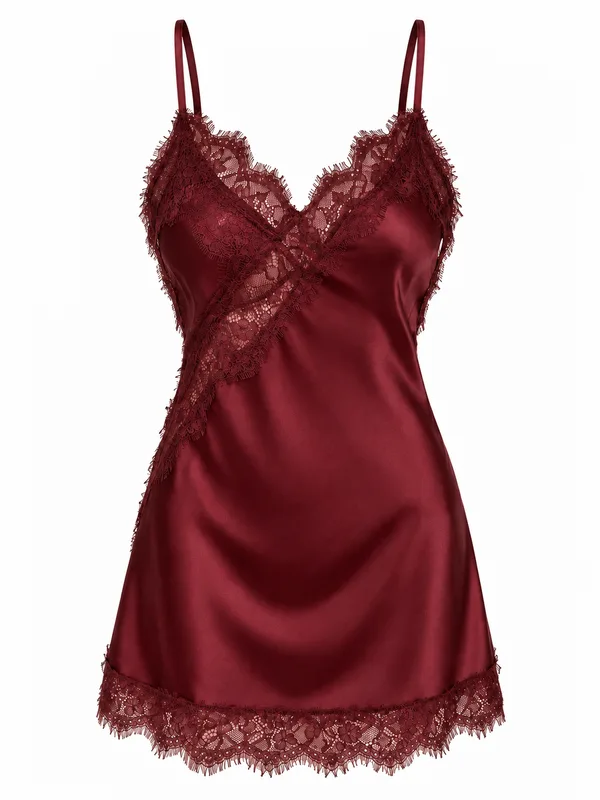 Lace-Trim Satin Slip, Burgundy, studio, front