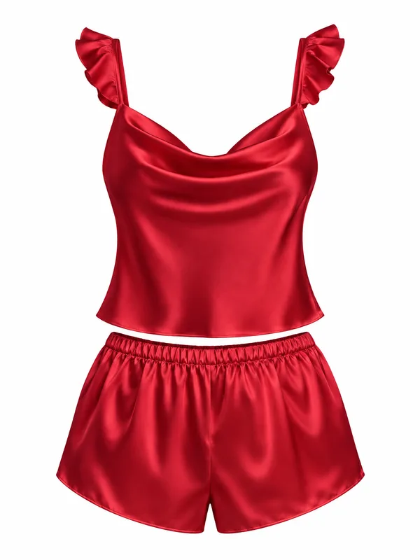 Satin Cowl-Neck Cami and Shorts, Red, studio, front