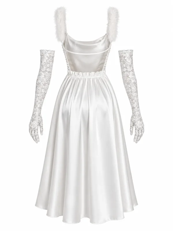Feather-Trim Satin Midi Slip, White, studio, back
