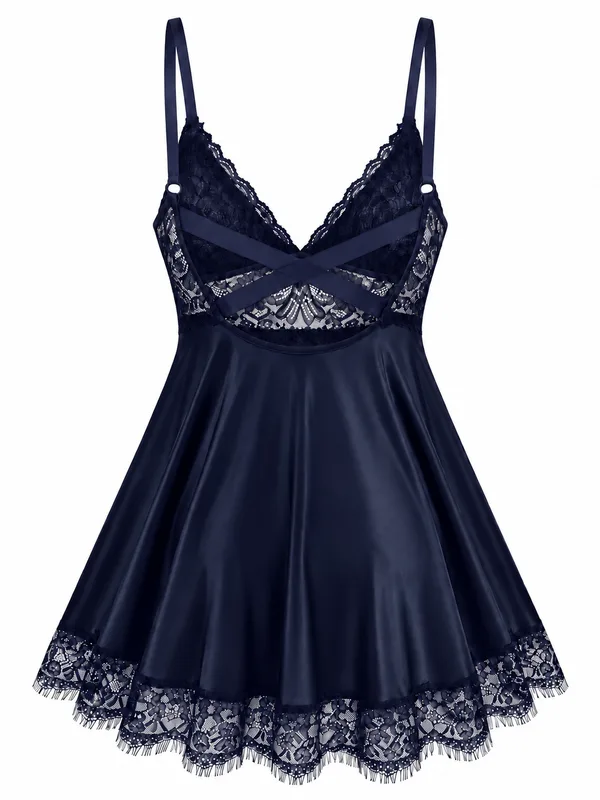 Lace-Trim Satin Babydoll, Navy Blue, studio, back