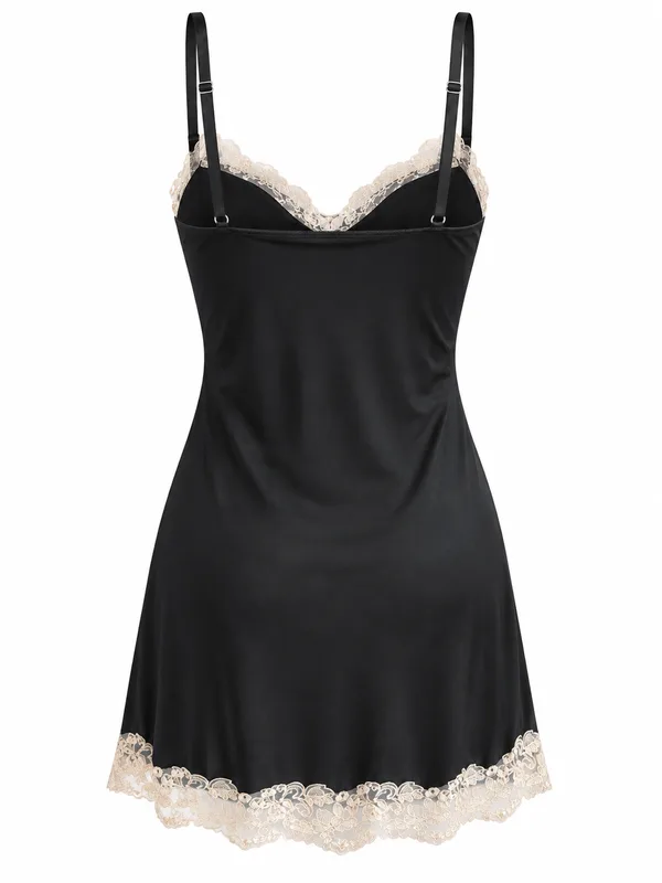 Adjustable-Strap Lace-Trim Slip, Black, studio, back