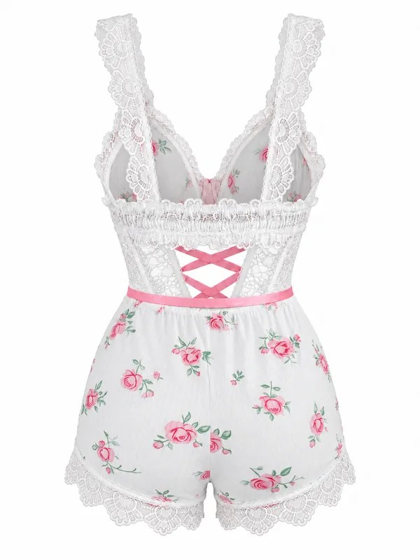 Floral Print Lace-Trim Corset-Inspired Top and Shorts, White, studio, back