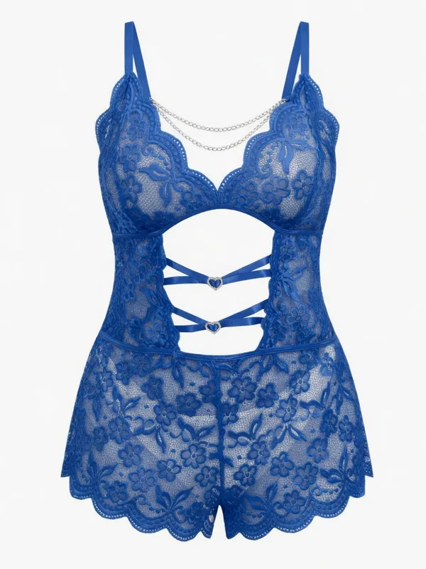 Lace Cutout Chain Teddy, Royal Blue, studio, front
