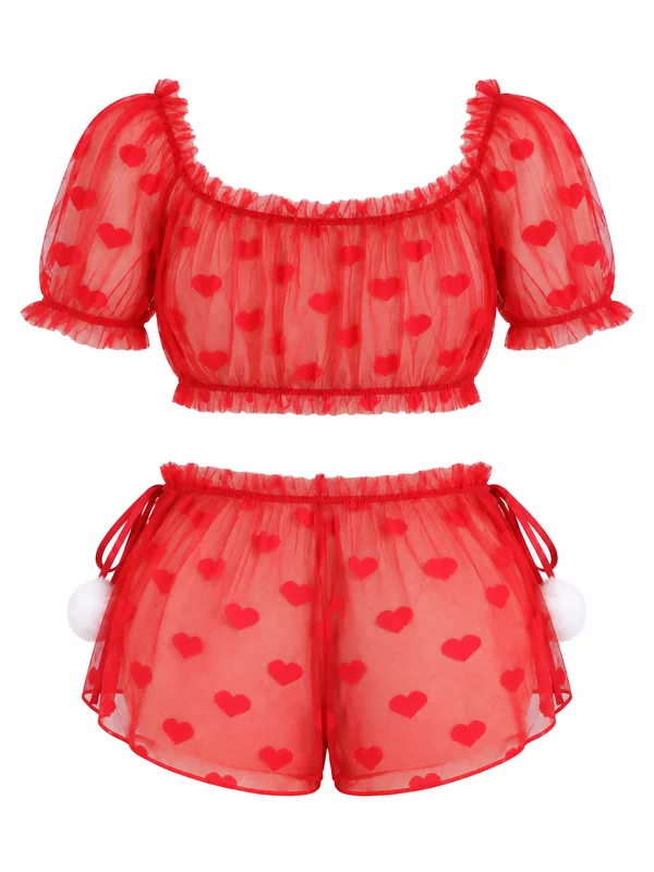 Heart Print Mesh Puff-Sleeve Crop Top and Boyshort Panty, Red, studio, back