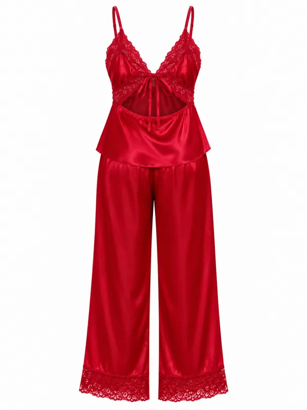 Lace-Trim Satin Cami and Wide-Leg Pants, Red, studio, back