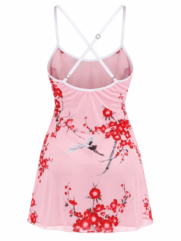 Spaghetti-Strap Floral-Print Babydoll, Pink, studio, back