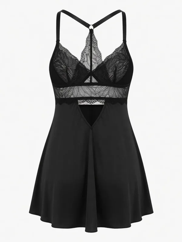 Lace Bodice Racerback Babydoll, Black, studio, back