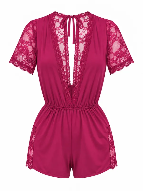 Deep V-Neck Lace-Trim Mesh Romper, Fuchsia, studio, front