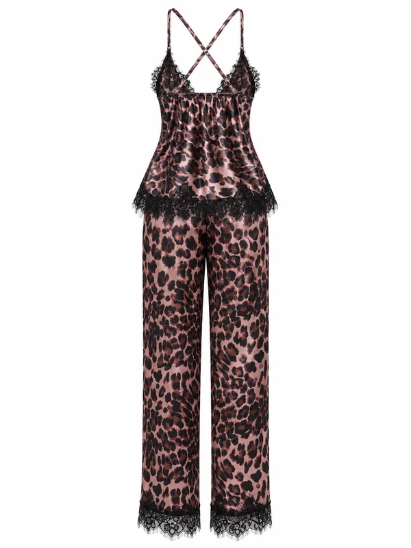 Leopard Print Lace-Trim Cami and Pants, Leopard Print, studio, back
