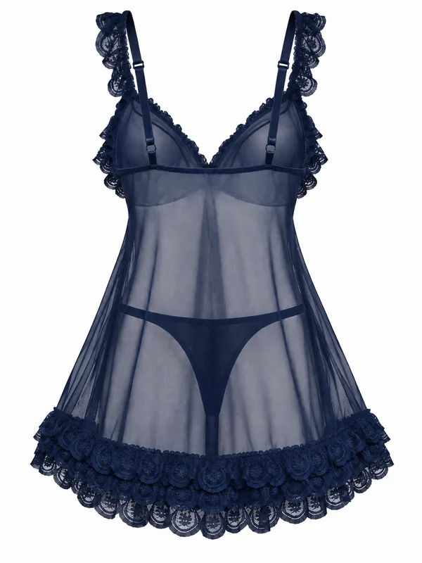 Lace-Trim Mesh Babydoll, Navy Blue, studio, back