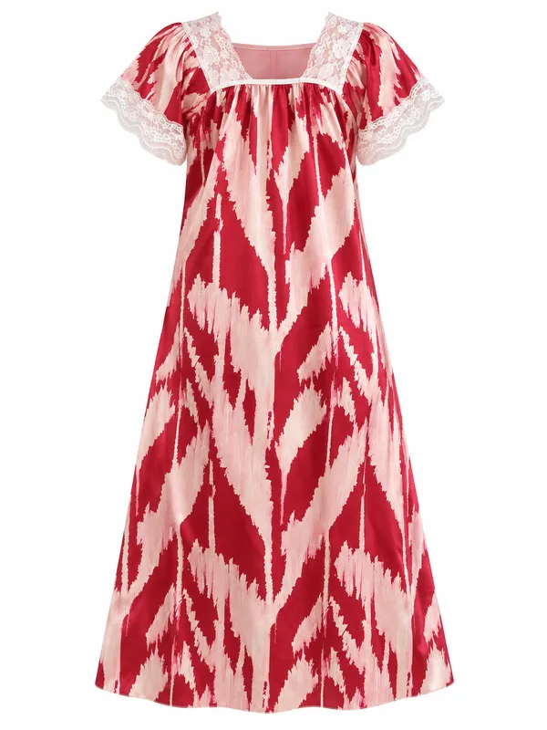 Lace-Trim Printed Satin Slip, Red, studio, back