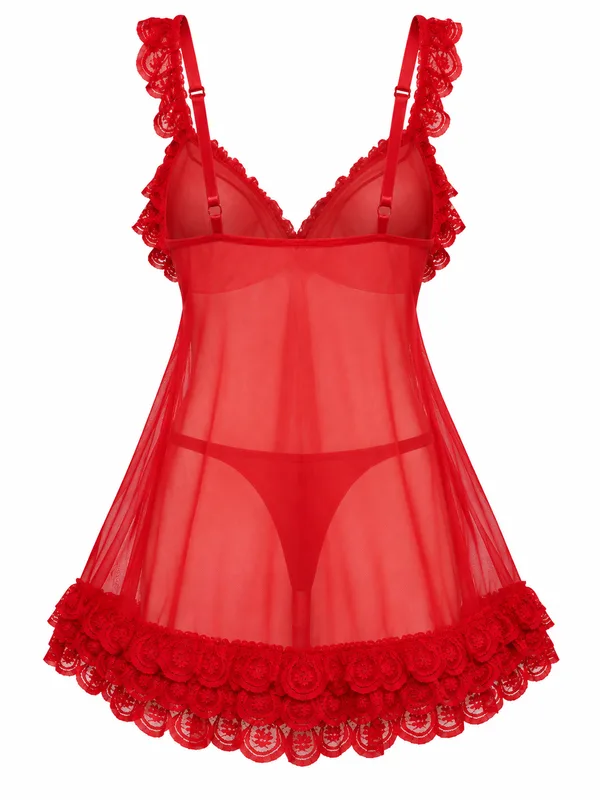 Lace-Trim Mesh Babydoll, Red, studio, back