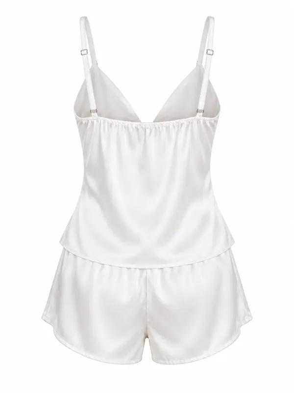 Satin Tie-Front Camisole and Shorts, White, studio, back