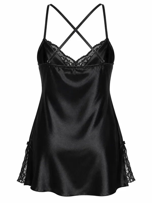 Lace-Trim Satin Mini Slip, Black, studio, back