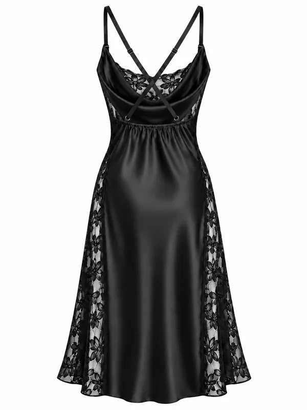 Satin Lace-Panel Midi Slip, Black, studio, back