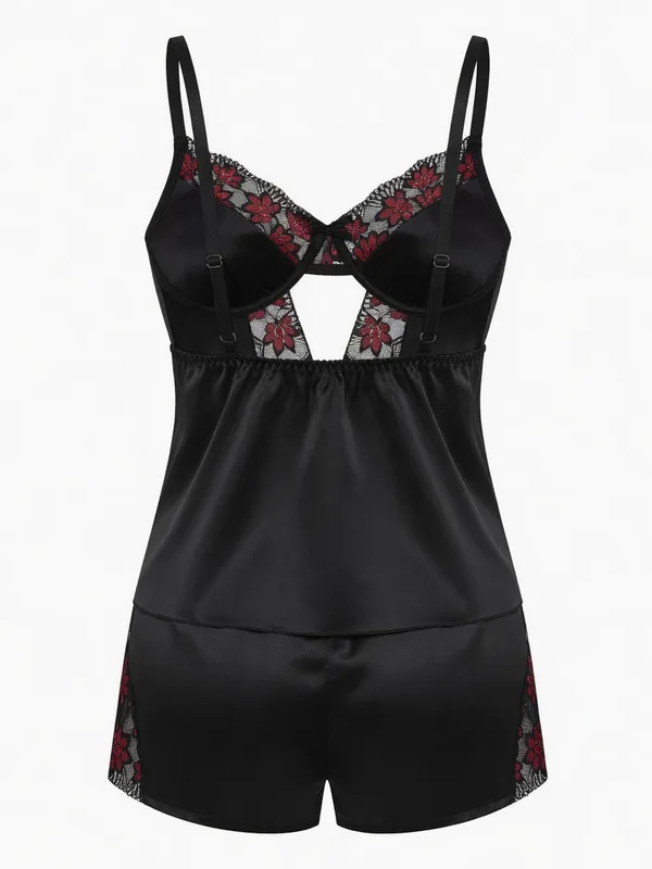 Floral Lace-Trim Cami and Shorts, Black, studio, back