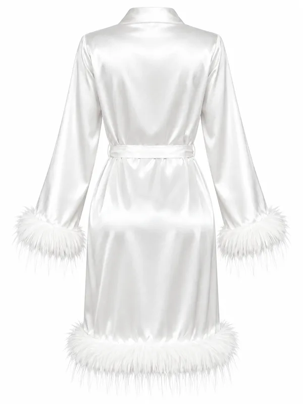 Satin Lace-Trim Robe, White, studio, back