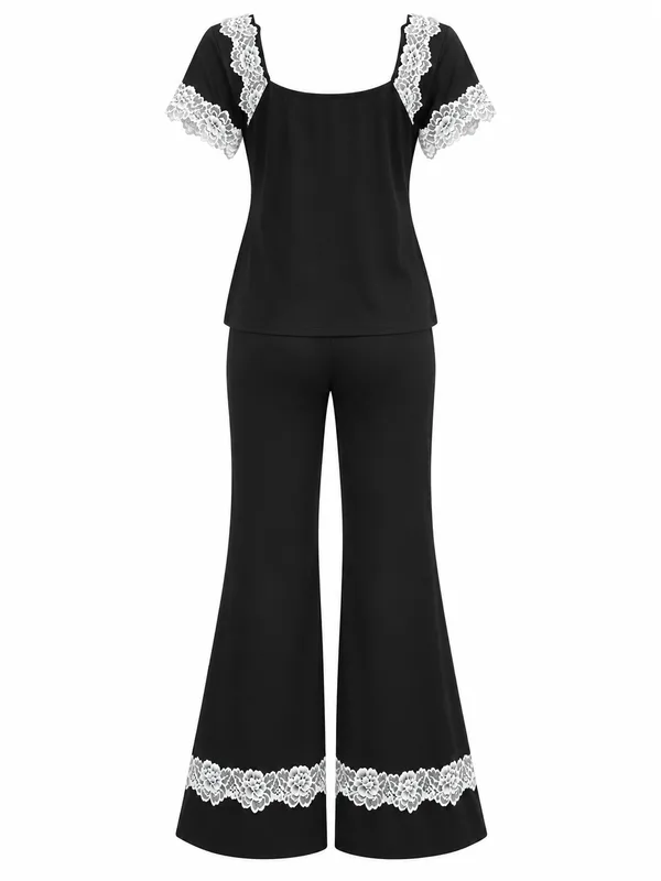 Lace-Trim Short-Sleeve Pajama Top and Flare Pants, Black, studio, back