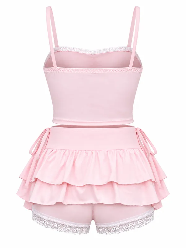 Lace-Trim Ruched Cami and Ruffle Skort, Light Pink, studio, back