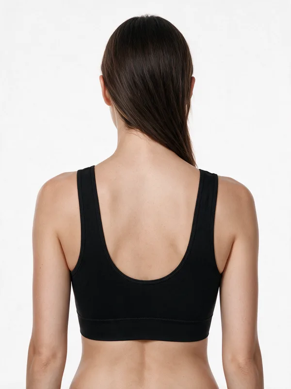 Seamless Scoop-Neck Bra, Black, model, back