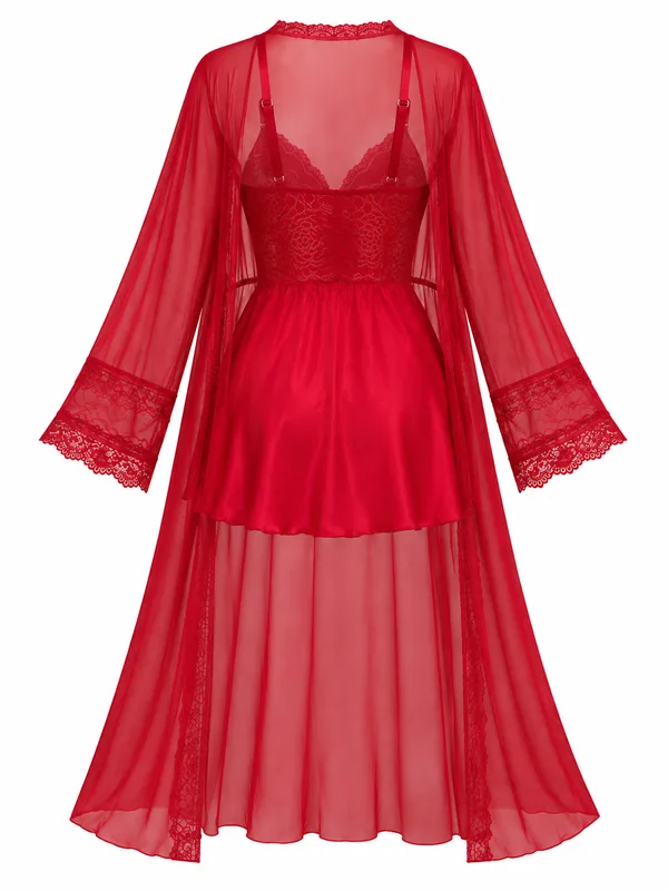Lace-Trim Babydoll and Long-Sleeve Mesh Robe, Red, studio, back