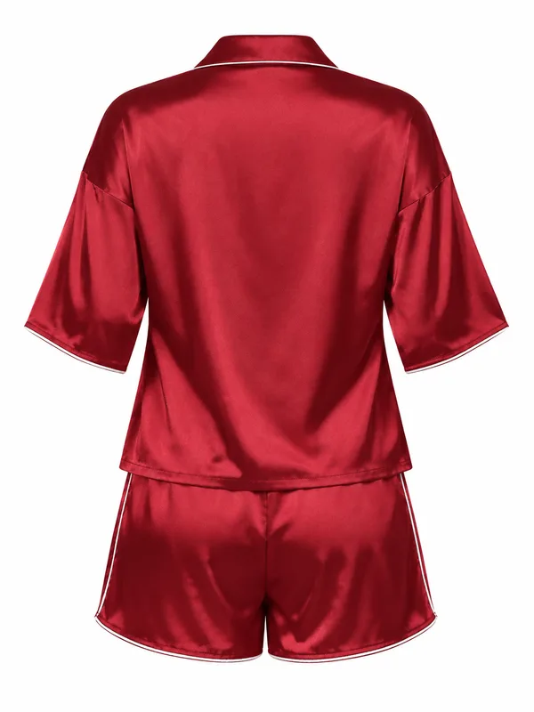 Satin Contrast-Trim Pajama Shirt and Shorts, Burgundy, studio, back