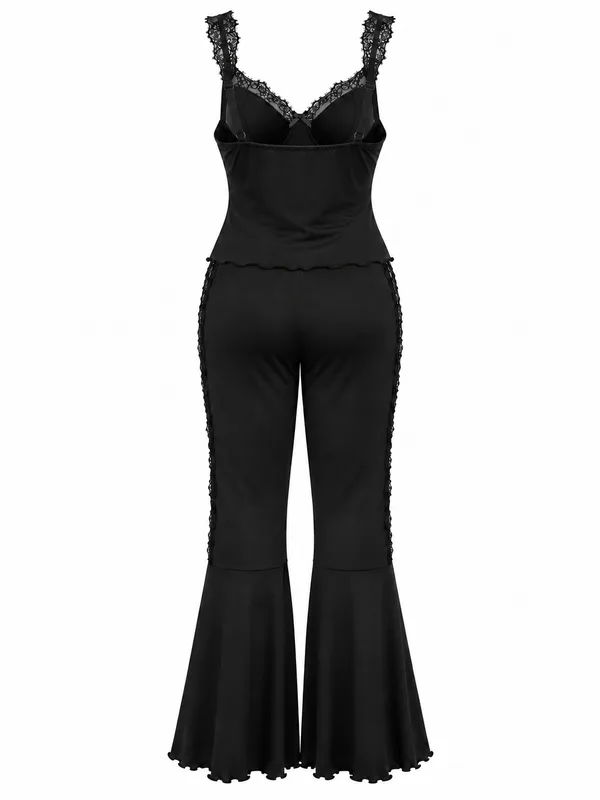 Lace-Trim Camisole and Flared Pants Loungewear, Black, studio, back