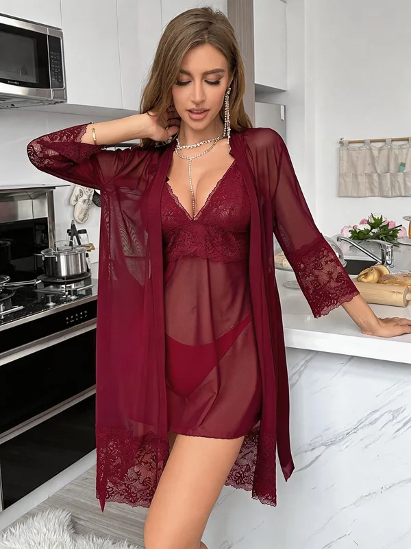 Lace-Trim Mesh Babydoll and Sheer Robe, Burgundy, model, front