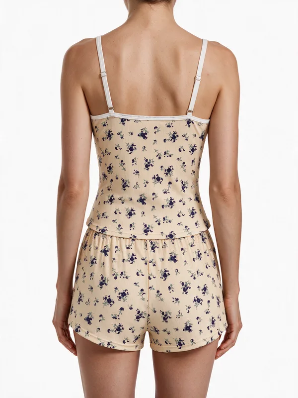 Floral Print Ribbed Cami Top and Button-Front Shorts, Beige, model, back