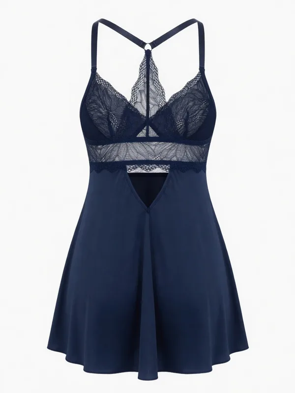Lace Bodice Racerback Babydoll, Navy, studio, back