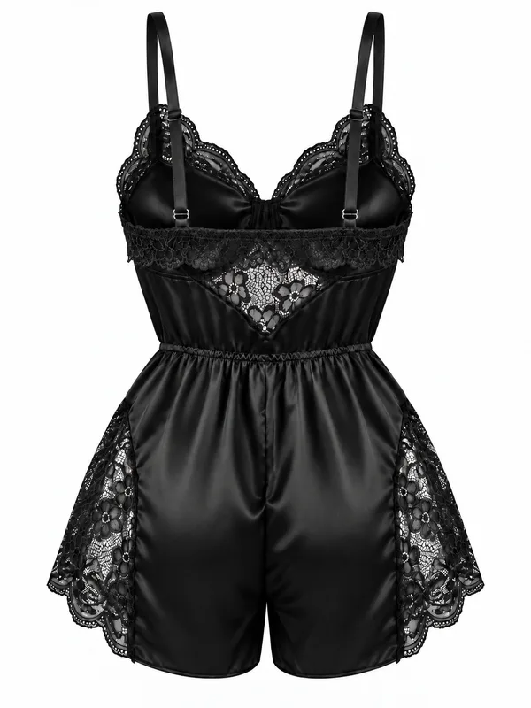 Lace-Trim Satin Teddy, Black, studio, back