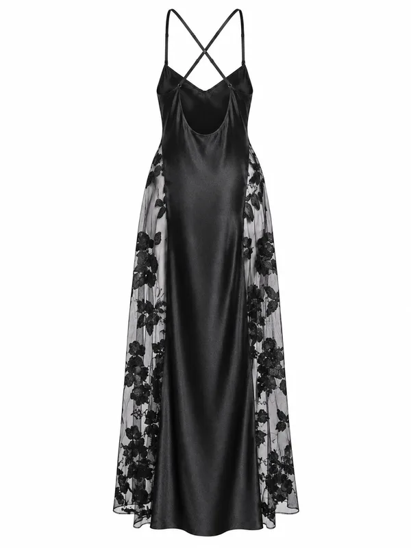 Mesh-Panel Satin Long Slip, Black, studio, back