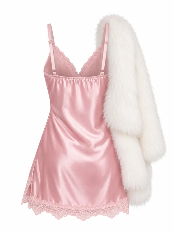 Lace-Trim Satin Slip, Light Pink, studio, back