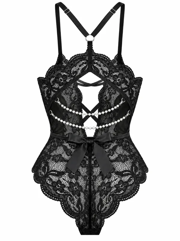 Lace Criss-Cross Halter Teddy, Black, studio, back