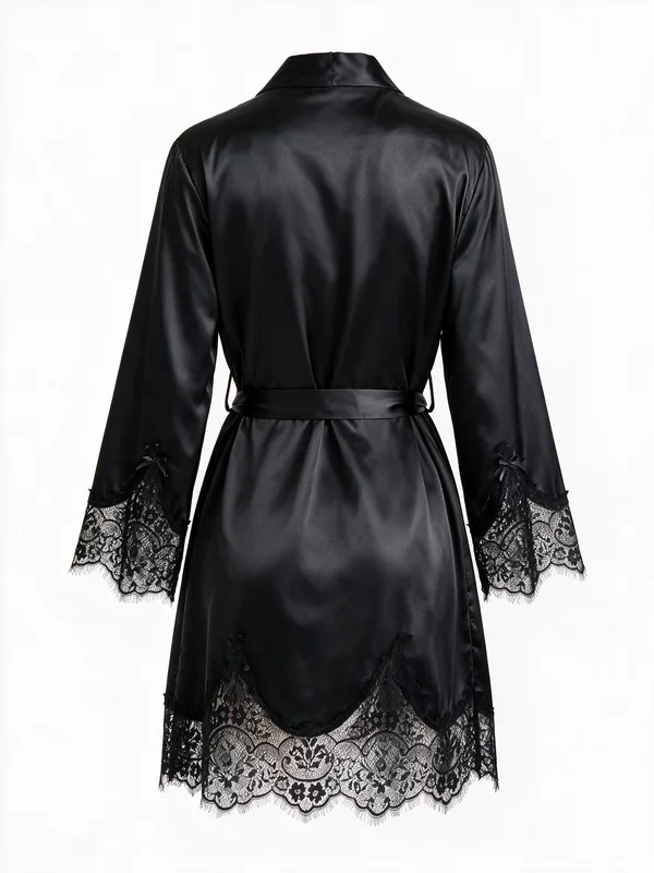 Long-Sleeve Lace-Trim Satin Robe, Black, studio, back