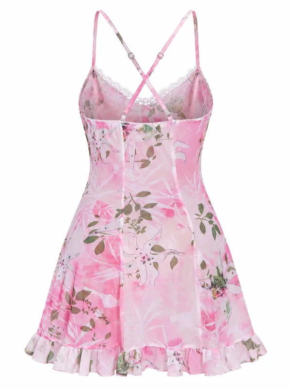 Lace-Trim Floral Print Mesh Babydoll, Pink, studio, back