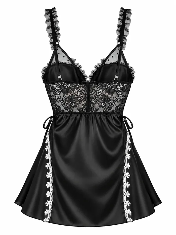 Lace-Trim Satin Babydoll, Black, studio, back
