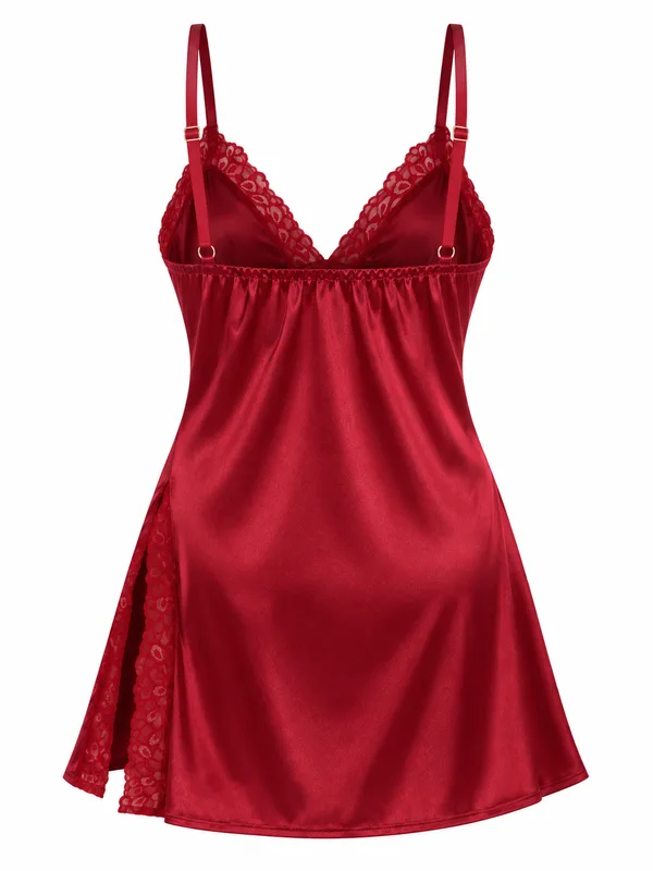 Lace-Trim Satin Slip, Burgundy, studio, back