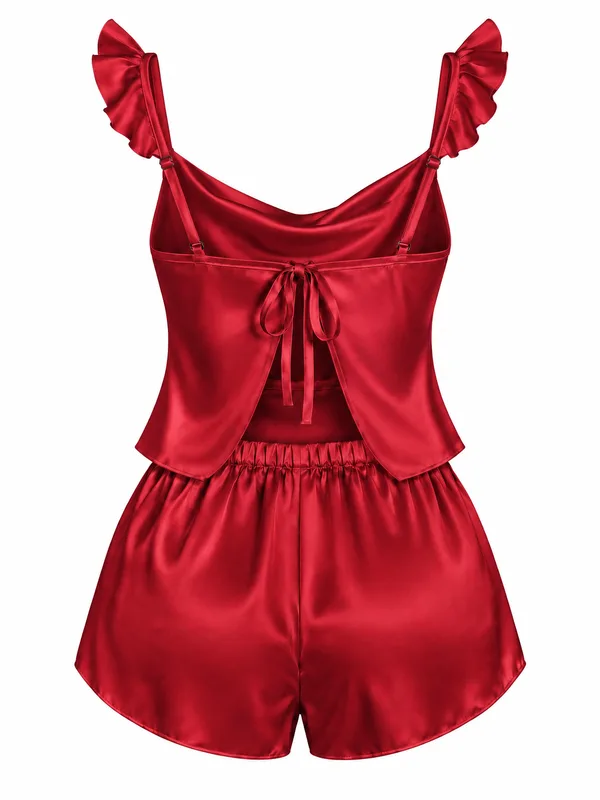 Satin Cowl-Neck Cami and Shorts, Red, studio, back