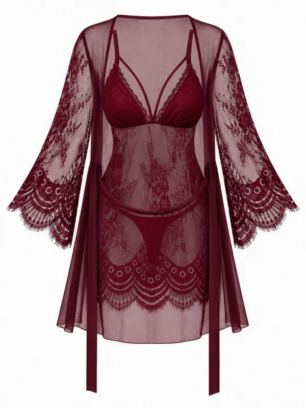 Lace-Trim Mesh Babydoll and Robe, Burgundy, studio, front