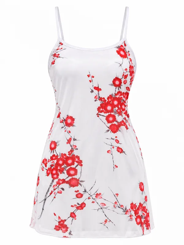 Spaghetti-Strap Floral-Print Babydoll, White, studio, front