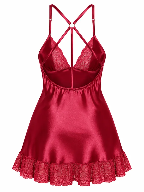 Lace-Trim Satin Slip, Burgundy, studio, back