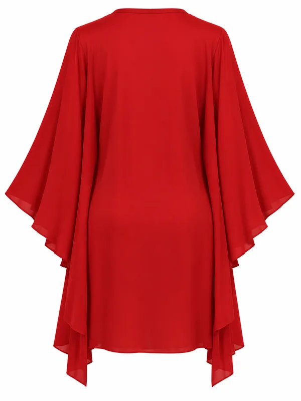 Deep V-Neck Lace-Trim Slip, Red, studio, back