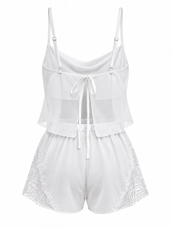 Sheer Lace-Trim Camisole and Tap Pant, White, studio, back