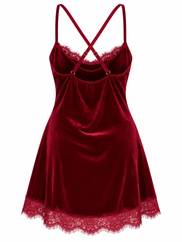 Cross-Back Lace-Trim Velvet Slip, Burgundy, studio, back