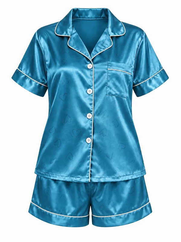 Satin Short-Sleeve Shirt and Shorts Sleepwear, Blue, studio, front