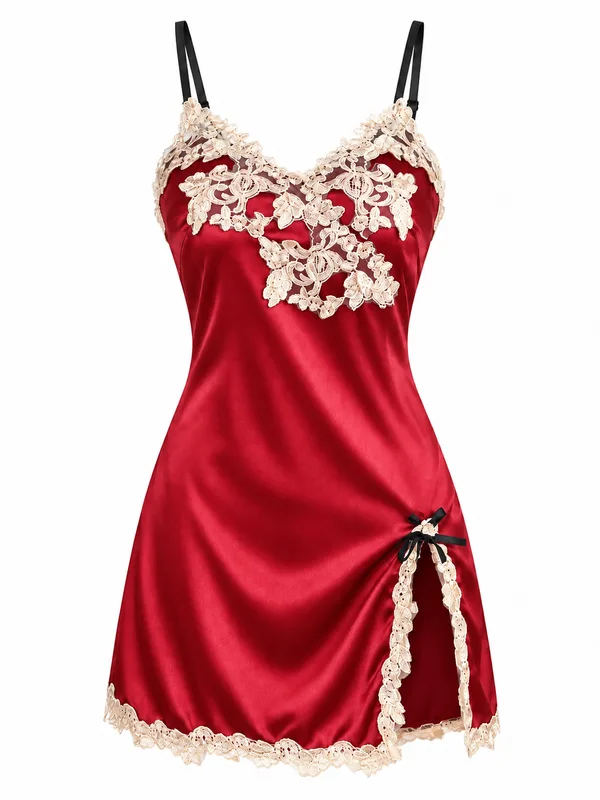 Lace-Trim Satin Slip, Red, studio, front
