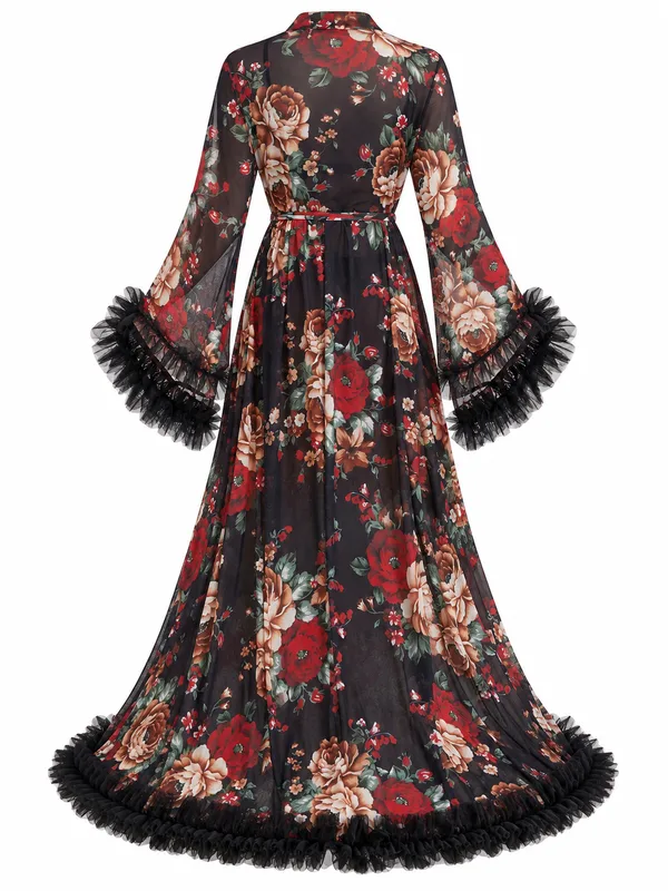 Long Floral Mesh Ruffle-Trim Robe, Black, studio, back
